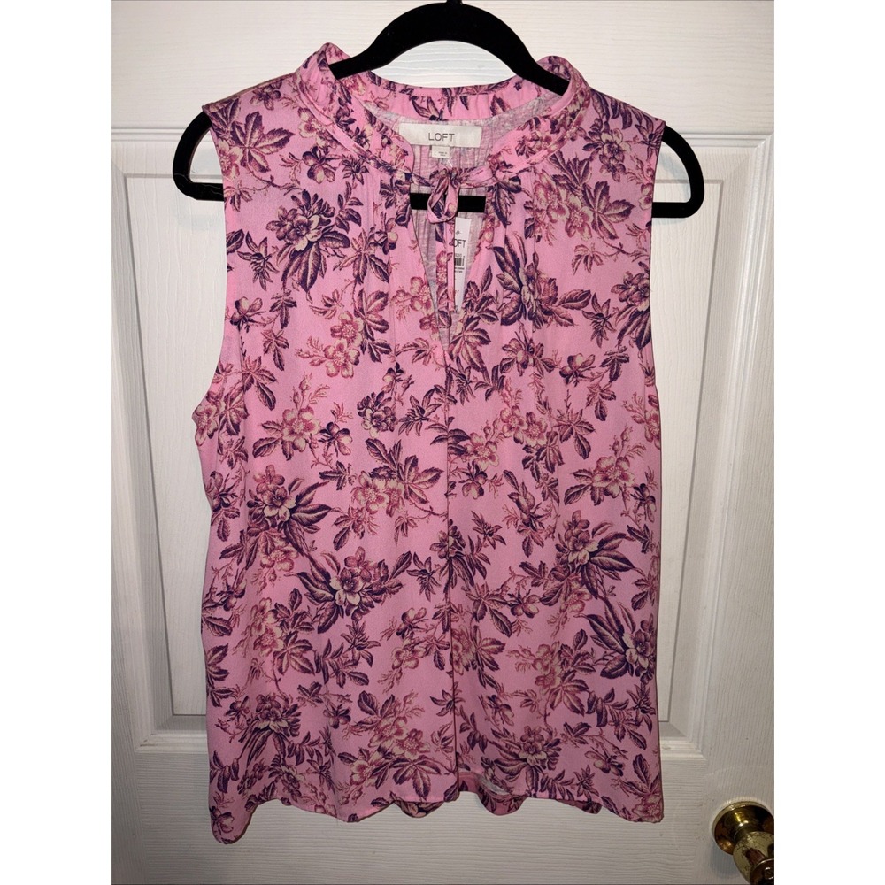 NWT $55 LOFT Sz L Pink Floral Tie Neck Sleeveless Blouse Feminine Office Top
